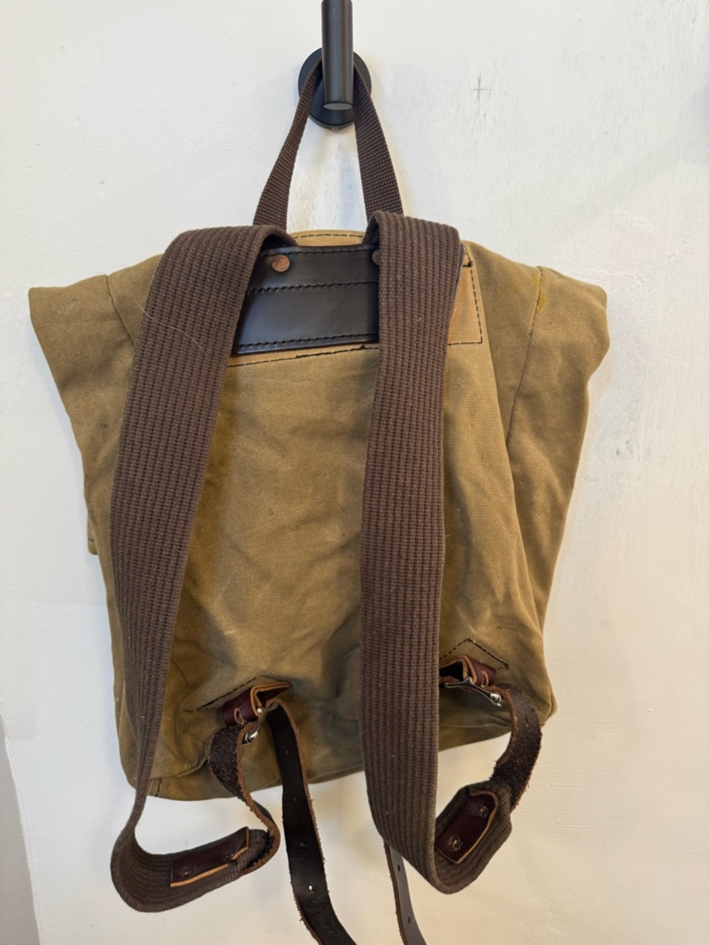 Vintage Canvas Roll-Top Backpack in Tan with Dark Brown Straps - Picture 3 of 3